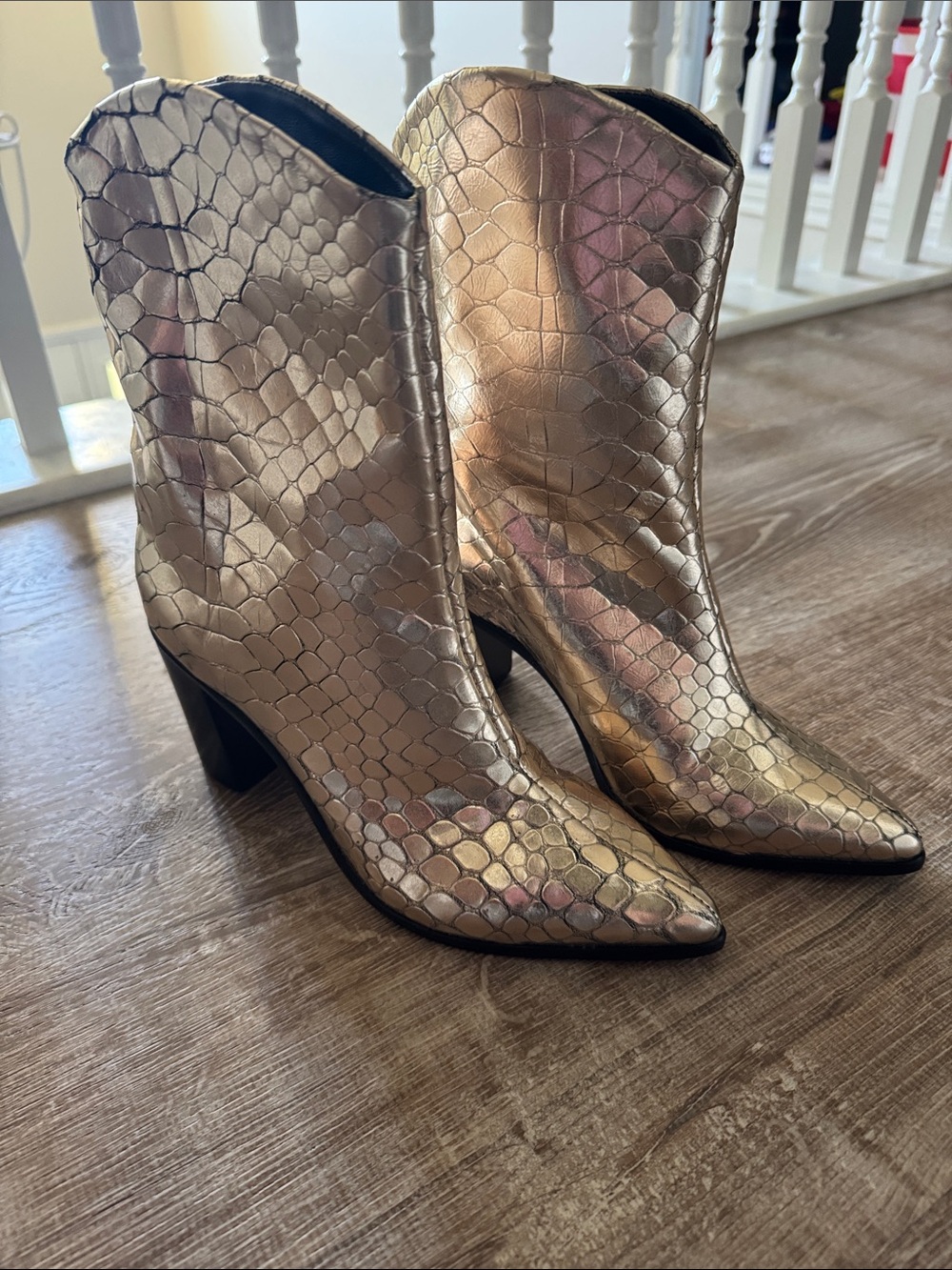 SCHUTZ Iridescent Metallic Snake-Embossed Ankle Boots - Gold